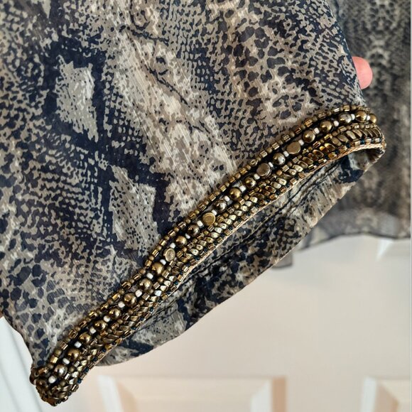 Bella Tu by Gopi Vaid Sheer Beaded Tunic Top S Snake Print Blue Resort Boho - Picture 5 of 6